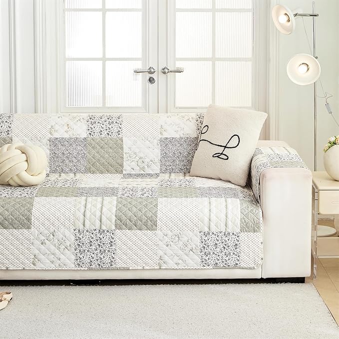 Skidproof Sofa Cover-Taupe Sofa Slipcover with Elastic Straps-Easy Fit Slip Cover-Patchwork Washable Furniture Protector for Pets and Kids(Loveseat,Taupe)