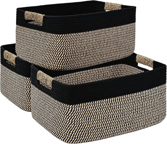 3 Pack Large Storage Basket for Organizing, 17.5"x13"x7" Woven Basket for Shelves, Closet Cube Storage Bins with Wrapped Handle, Cotton Rope Baskets for Kitchen, Clothes, Toys(Black & Brown)