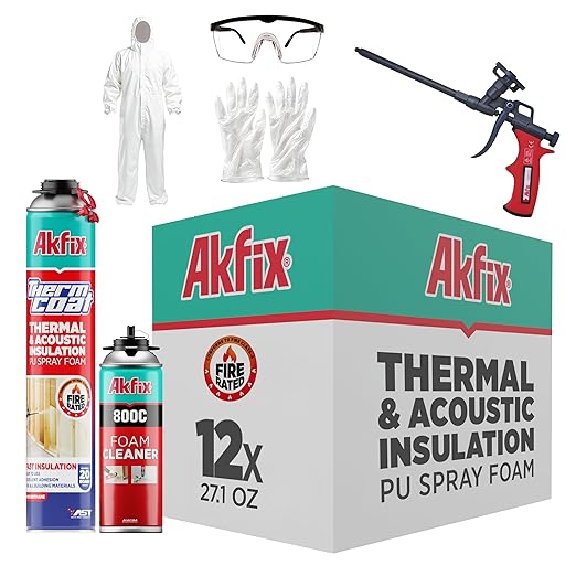 Akfix Thermcoat Fire Rated Spray Foam Insulation Kit 240 sq ft (12x27.1 oz.) - (R-Value 11.32/2 in) Closed Cell Expanding Wide Sealant Thermal Insulation for Walls and Attic - Gun & Cleaner Included