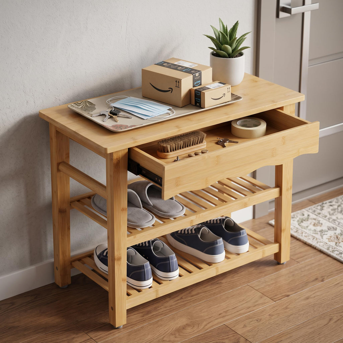 Goaste Shoe Rack Bench with Drawer, 3-Tier Natural Bamboo - Image 1