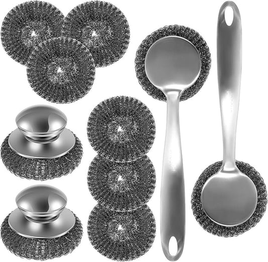 Steel Wool Scrubber Dish Brush with Handle, Detachable Stainless Steel Scrubber, Ergonomic Handle Stainless Steel Wool Scrubber, Reusable Stainless Steel Dish Scrubber for Cleaning Dishes (10pcs)