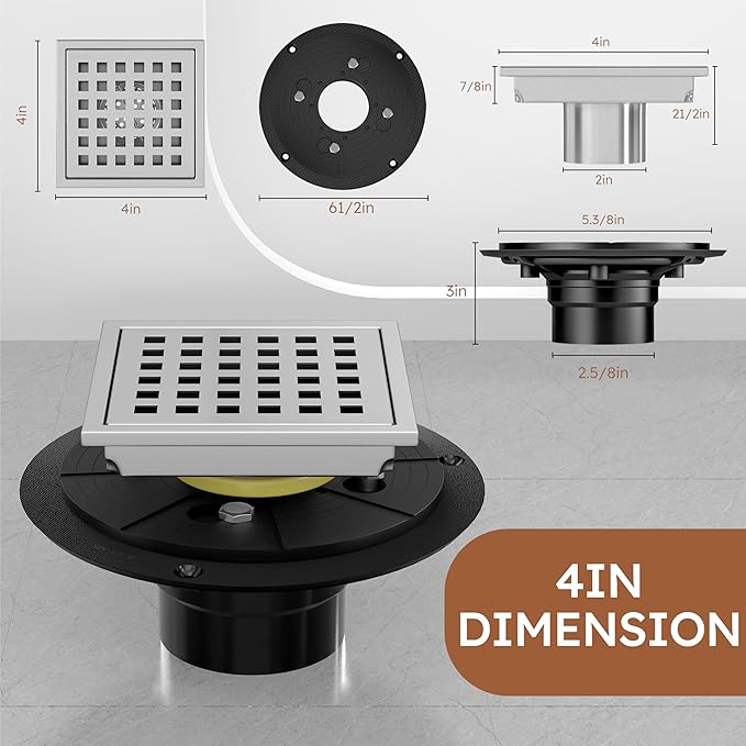 4 Inch Brushed Nickel Square Shower Drain Kit with Flange,Modern Floor Drain with Removable Quadrato Pattern Grate,Stainless Steel SUS 304
