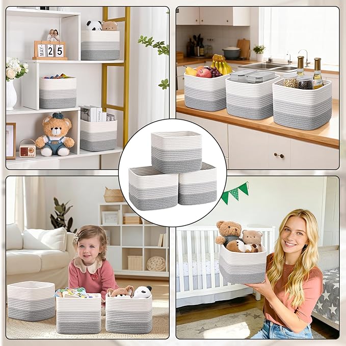 3 Pack Cube Storage Bin, 9”x9”x7” Cotton Rope Woven Baskets for Organizing Toys Clothes Towels, Square Gift Storage Baskets for Shelves, Nursery, Closet, Bathroom, Pantry (3-Tone Gray)