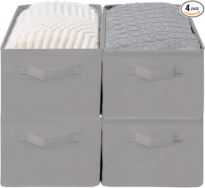 Storage Basket Bins with Metal Frame, Large Collapsible Fabric Storage Baskets for Organizing Shelf, Basket Organizer W/Handles for Towels, Laundry, Office, Home, 4-Pack, Grey