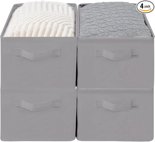Storage Basket Bins with Metal Frame, Large Collapsible Fabric Storage Baskets for Organizing Shelf, Basket Organizer W/Handles for Towels, Laundry, Office, Home, 4-Pack, Grey