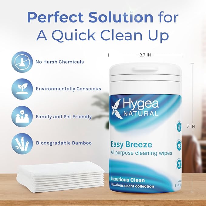 Hygea Natural EasyBreeze Luxurious Clean All Purpose Cleaning Wipes - Multipurpose Cleaner - Dirt and Grease Wipes (Pack of 1)