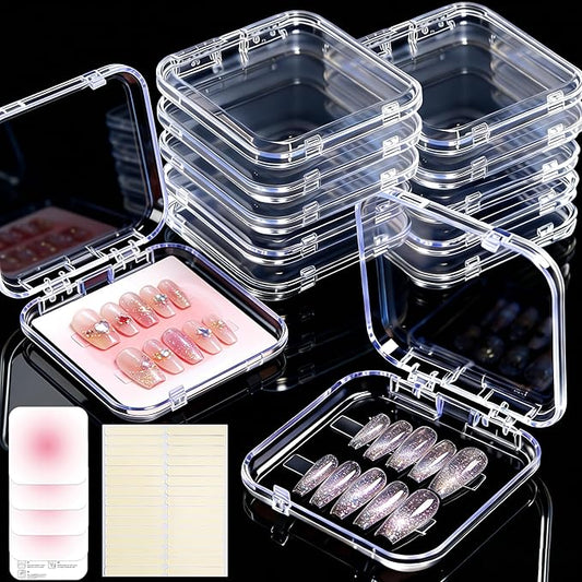 12PCS Press on Nail Storage Box Acrylic Organizer Nail Case Nail Display Case Nail Display Box Artificial False Nail Box with Double Sided Adhesive Nail Tape Suitable for Press on False Nail