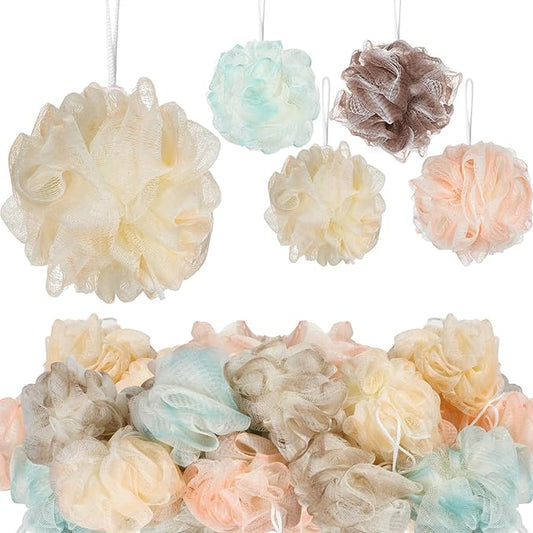 CHENGU 80 Pcs Loofah Sponge Bath Pouf - Bulk Shower Puff for Body Wash - Exfoliating Mesh Scrubber for Baby, Women, Men - 20g (Plain Colors)