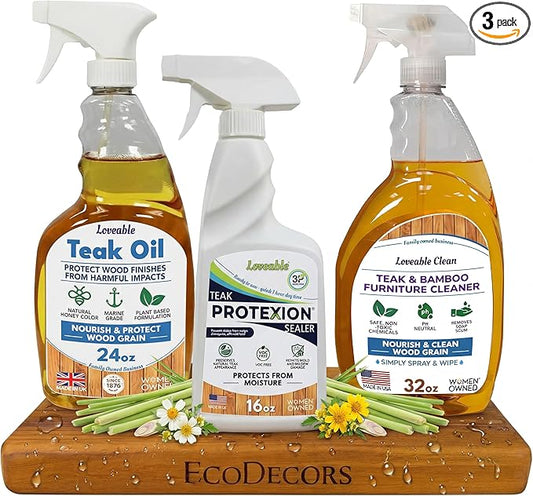 EcoDecors Protective Bundle – Loveable Teak Conditioning Oil, Teak Furniture Cleaner, and Protexion Teak Sealer Spray Bottle