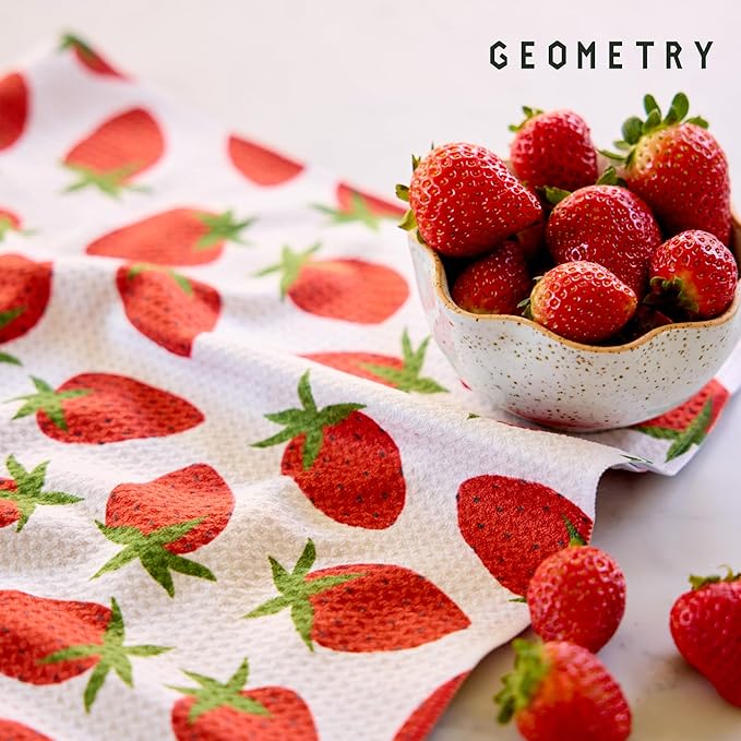 GEOMETRY Spring Kitchen Towels - Quick Dry Microfiber Cloth Spring & Summer Dish Towels for Kitchen Drying - Premium Quick Dry Towel - Strawberry Sunshine, 18" x 30" - 2-Pack