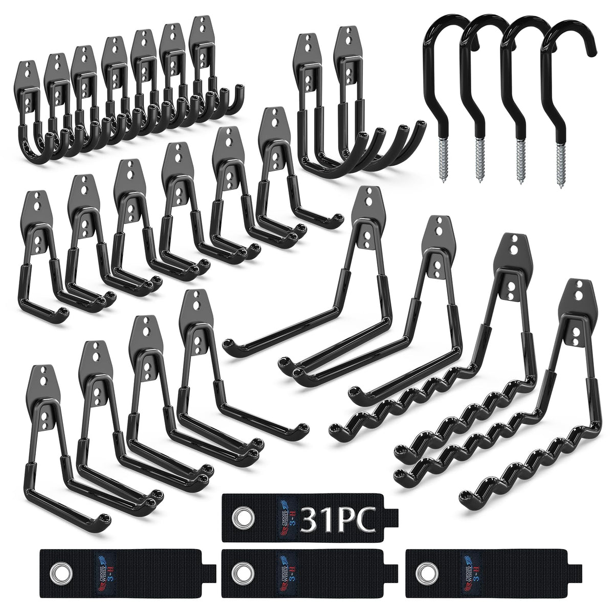 3-H Heavy Duty Garage Hooks, 31 Pack Wall Storage Organizer,Black - Image 1