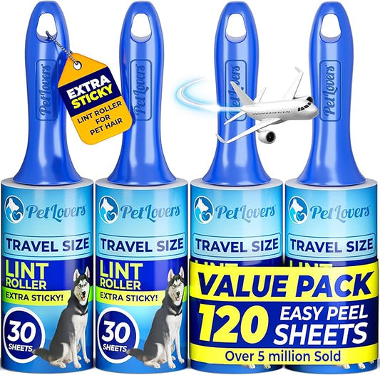 PetLovers Extra Sticky Lint Roller Mega Value Set for Pet Hair Removal and Clothes, Dog and Cat Lint Remover (Blue, 4 Pack Mini)
