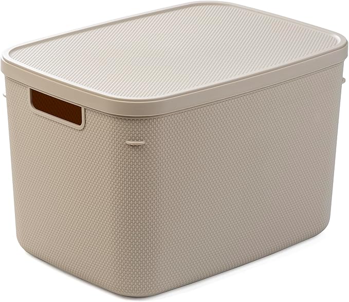 BINO | Plastic Storage Bins with Lids, 20 Liter - 3 Pack, Taupe | THE TWILL COLLECTION | Plastic Bins for Organization | Woven Storage Baskets for Organizing | Pantry Shelf Organizer Basket Bin