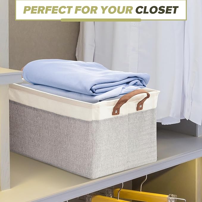 Storage Basket Bins with Metal Frame, Large Collapsible Fabric Storage Baskets for Organizing Shelf, Basket Organizer W/Handles for Toys, Towels, Laundry, Nursery, 2-Pack, White Grey