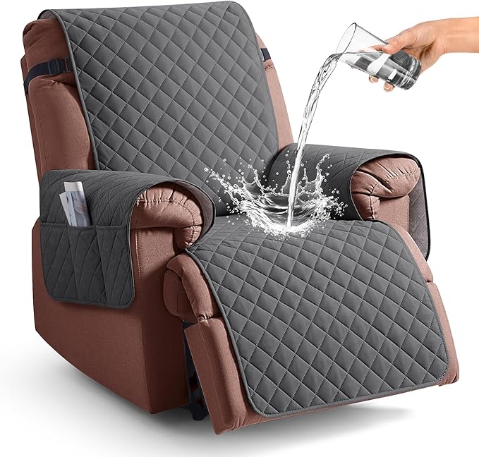 KinCam 100% Waterproof Recliner Chair Cover, Reclining Couch Covers for Pets, Dogs, Recliner Couch Slipcover Furniture Protector with Elastic Straps for Kids(28", Charcoal Gray)
