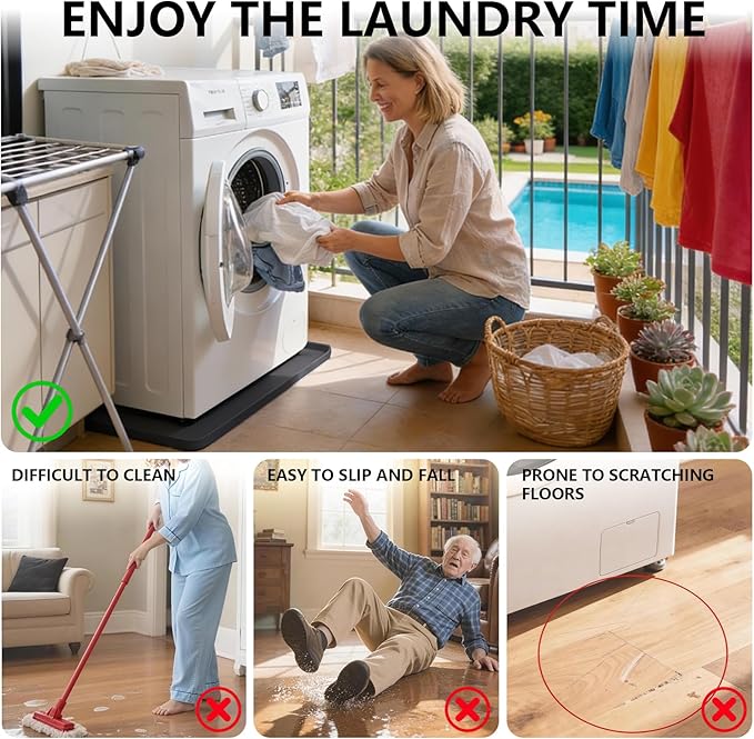 27×27×0.79inch Washing Machine Pan, With Raised Edge Washer Drip Tray, Drain Pan Silicone Mat, Foldable Portable Anti-Vibration Non-Slip Waterproof Pad, Smooth Surface (Black)