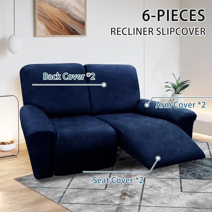 Loveseat Covers 6-Pieces Loveseat Recliner Cover 2 Seater Cover for Reclining Loveseat Cover Leather Look Recliner Slipcovers with Pockets Spandex Furniture Covers(Recliner Loveseat, Navy)