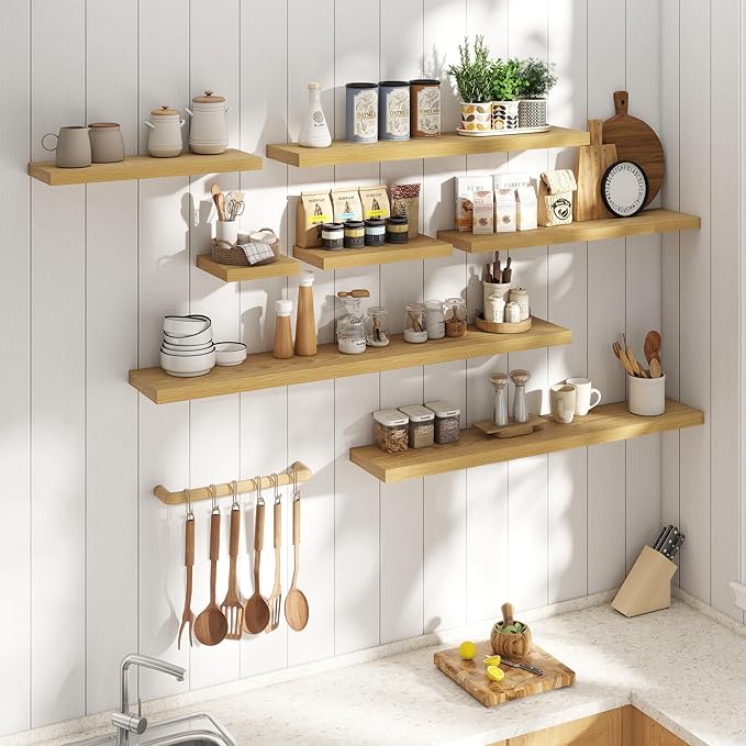 55 Inch Floating Shelves for Wall Set of 2, 8"D Wood Grain Bathroom Shelves with Invisible Brackets, Easy Install Engineered Wood Storage Shelves for Kitchen, Living Room, Bedroom, Oak Finish