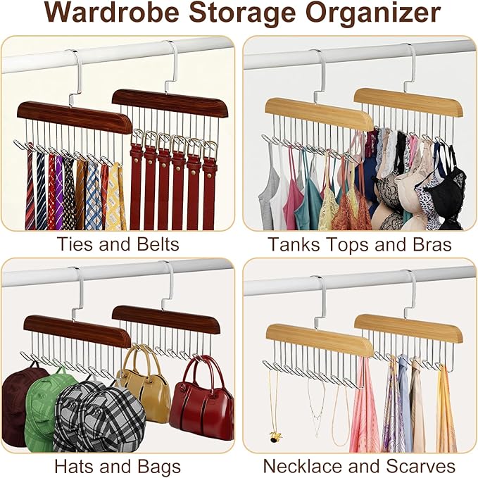 2 Pack Tie Hanger for Closet, Wooden Tie Racks Hanger with Upgraded 360°Rotating, Space-Saving Belt Holders with 8 Hooks, Closet Storage for Tie,Tank Top,Bra, Scarf,Hat