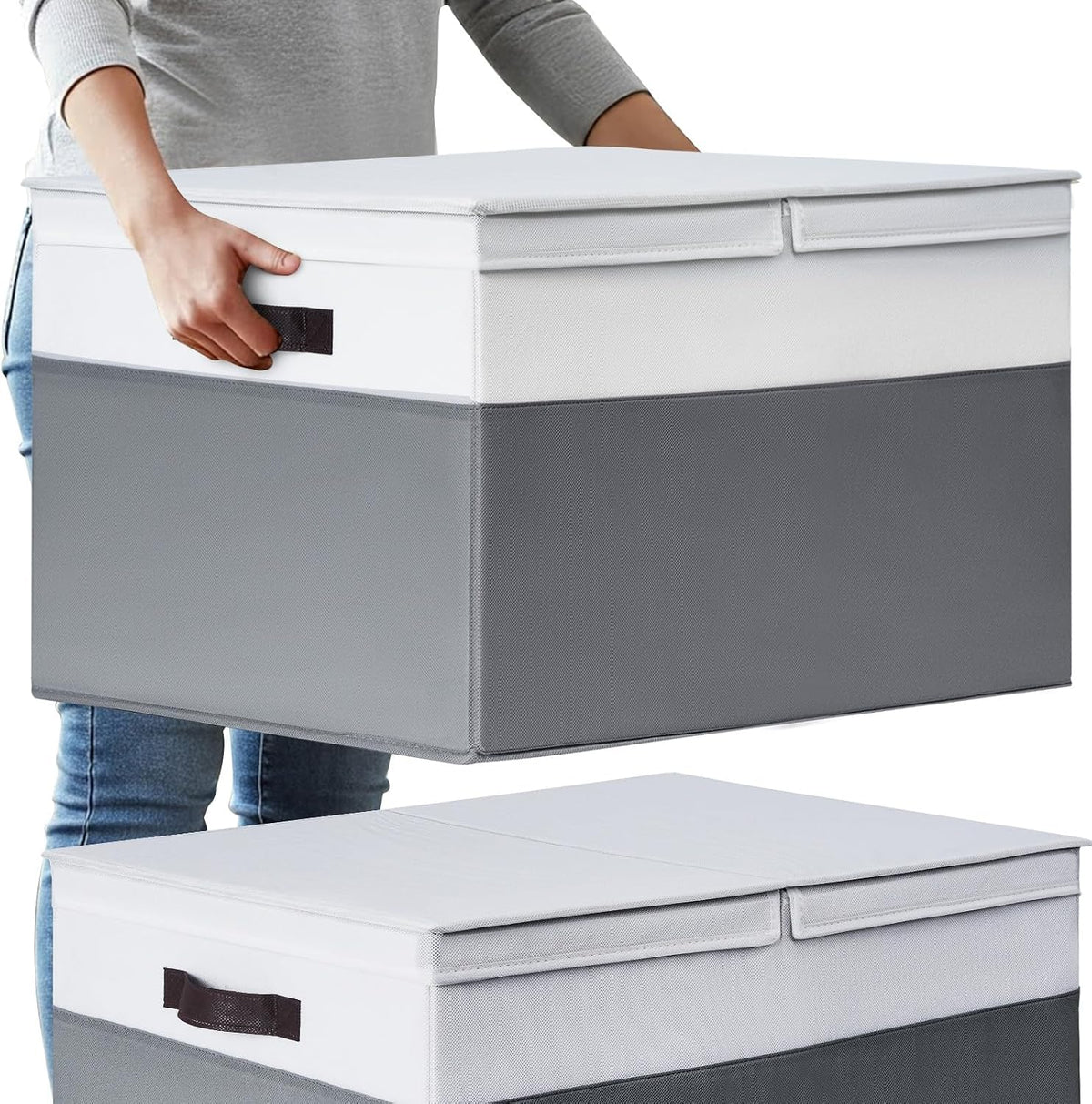 2 Pack EXTRA LARGE Blanket Storage Baskets with Lids, 22”x16”x12” - Image 1