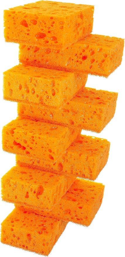 Orange Multi Use Scrub Sponge. Made in Europe. 9 Pack, 4.3x2.8x1.4 inches. Odorless Heavy Duty and Non Scratch Fiber. Durable and Delicate Scrubber for Dirty Surfaces in Kitchen, Home, Outdoors