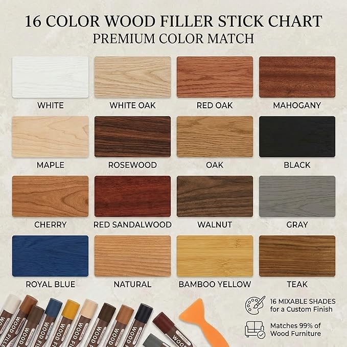 Lifreer Wood Filler Sticks,16 Colors Wood Crayons for Scratches, Scuffs, Cracks, Stains and Holes, Furniture Wax Crayons Pen for Touch Up Furniture, Floors, Cabinets, Tables, and Doors