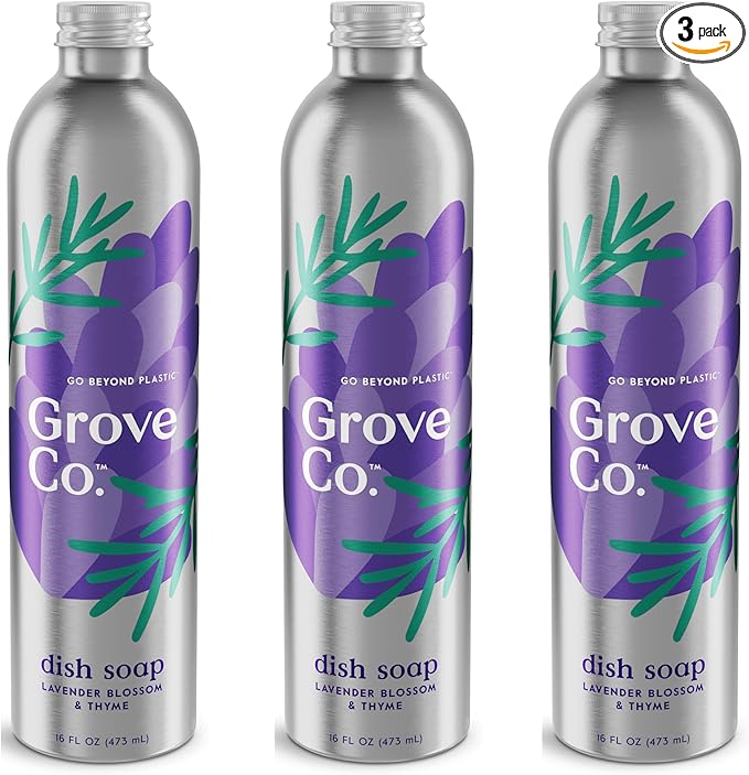 Grove Co. Ultimate Dish Soap Refills (3 x 16 Fl Oz) Removes 48-hour Stuck-on Food and Grease, Plastic-Free Cleaning Products, 100% Natural Lavender Blossom & Thyme Fragrance