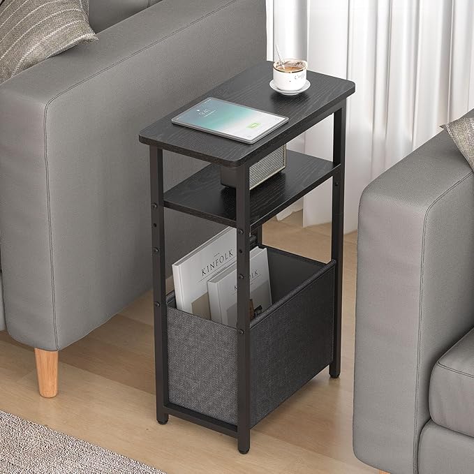 Narrow Side Table, Skinny End Tables with Fabric Basket, Small Side Tables for Small Space, 2-Tier Open Shelves with Basket, Slim Nightstands for Bedroom,Living Room,Office, Black