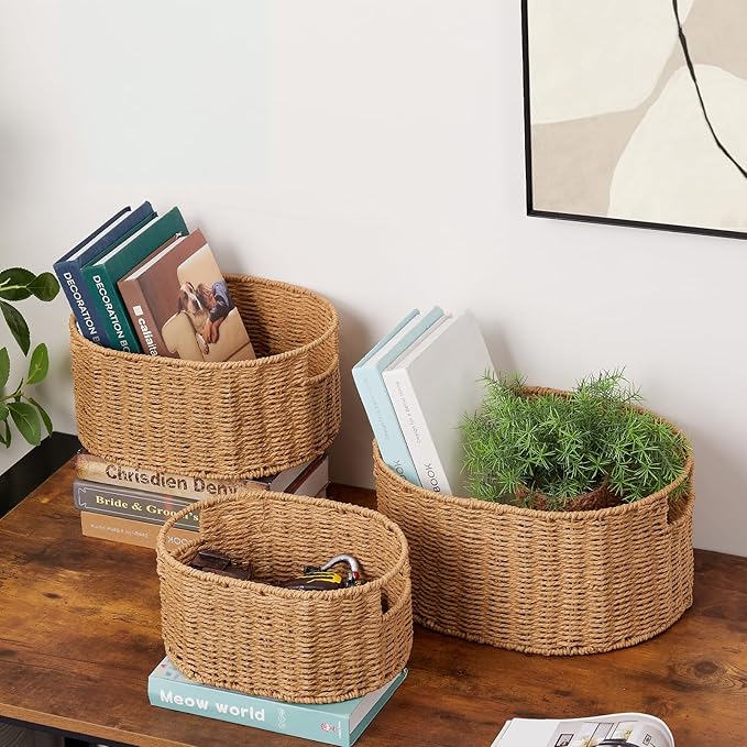 Vagusicc Wicker Storage Basket, Set of 3 Hand-woven Storage Baskets for Organizing, Round Large Wicker Baskets for Storage Decor, Pantry Storage Cubes Organization Baskets for Shelves, Natural
