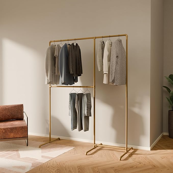 pamo Gold Clothing Rack – 59.84" W x 76.38" H – Industrial Pipe Metal Garment Organizer for Bedroom or Retail – Heavy-Duty Clothes Rack – Easy Assembly