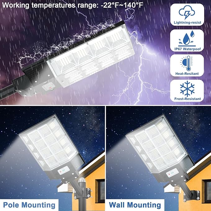Solar Street Lights Outdoor Waterproof, 8000W Solar Flood Light with Motion Sensor Dusk to Dawn Commercial Parking Lot Light 2 Pack