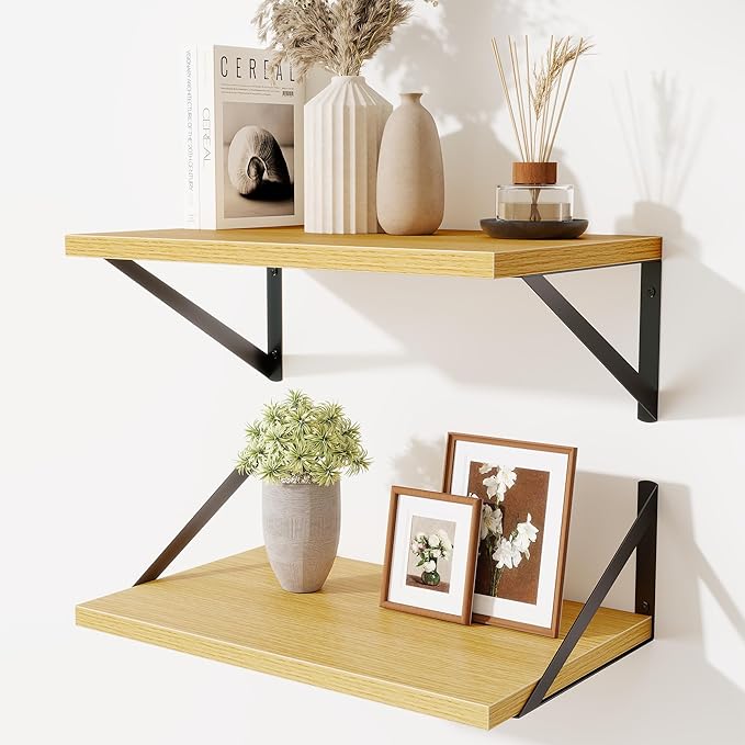 Floating Shelves for Wall,18" Wall Mounted Shelves Set of 2,Wood Floating Shelf with Bracket,Sturdy Metal Bracket Bookshelves Home Decor Storage for Living Room,Bedroom,Bathroom,Kitchen,Oak