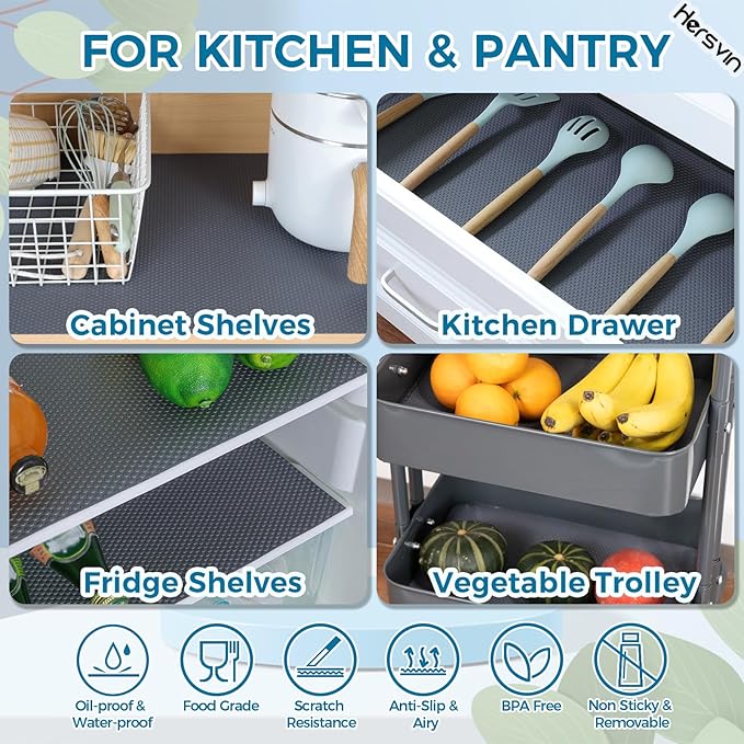 Hersvin Shelf Liners, 18in x 20ft Kitchen Drawer Mats, Non-Adhesive EVA Cupboard Protector, Cabinet Lining (Dark Gray/Dot)