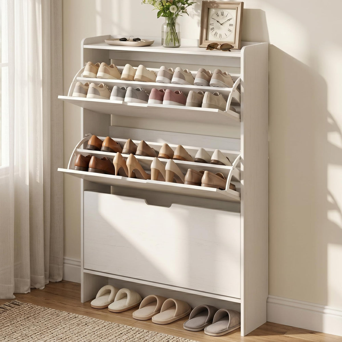White Slim Shoe Cabinet with 3 Flip Drawers, 52" Tall Narrow Shoe - Image 1