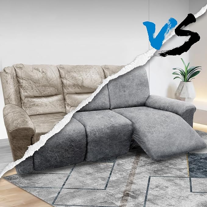 Couch Cover 8-Pieces Sofa Covers Washable Recliner Sofa Covers 3 Seater Leather Look Recliner Slipcovers with Pockets Spandex Fabric Furniture Covers(Recliner Sofa, Light Grey)