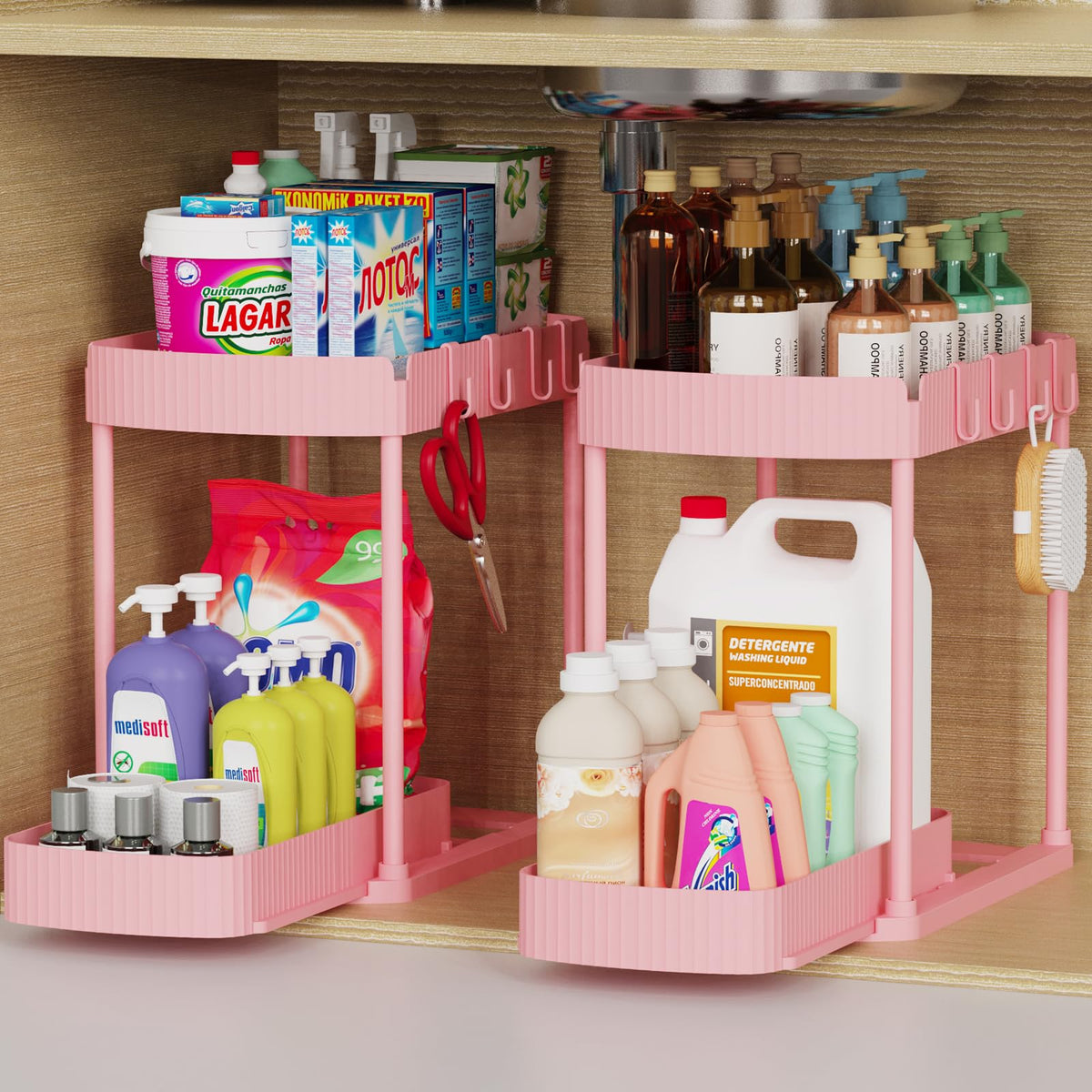 2 Packs Under Sink Pull-Out Storage Organizers, 12.8 Inches, Pink - Image 1