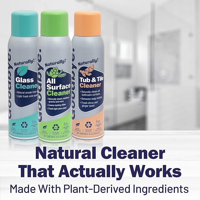 Goodbye Naturally Glass Cleaner, All Surface Cleaner, and Tub and Tile Bathroom Cleaner, Safe and Effective All Natural Cleaning Products, 14 oz Continuous Spray Cans, 3 Pack