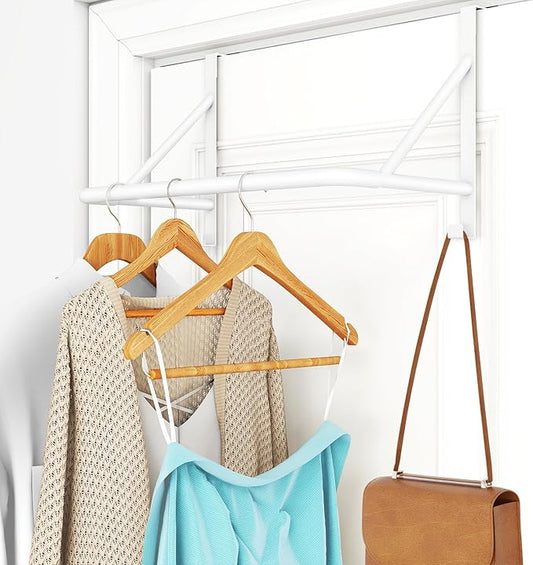 Over The Door Hanger for Clothes, Stainless Door Hangers for Clothing, Over The Door Clothes Drying Rack for laundry, Over Door Hanger Organizer with 2 Hooks for Hanging Towels & Coats, White