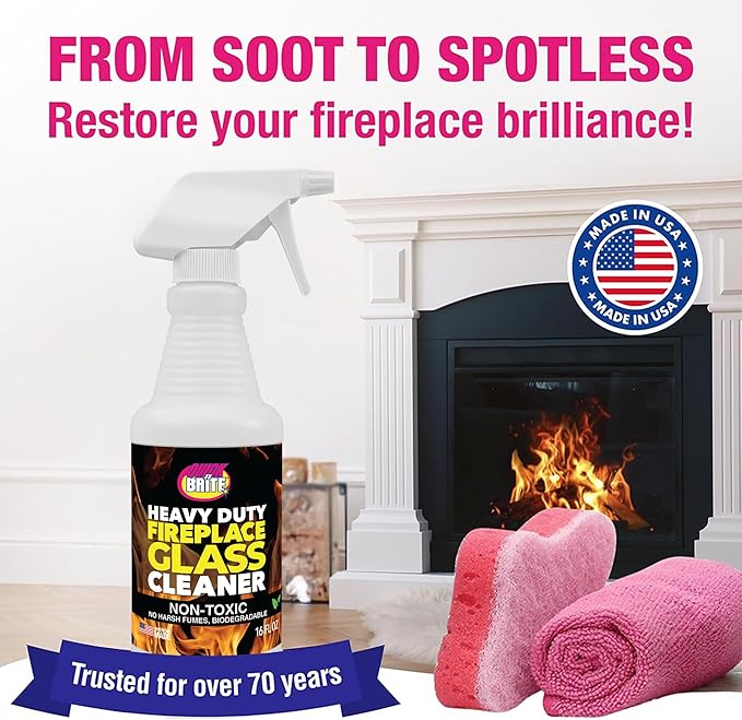 Quick N Brite Fireplace Glass Cleaner Kit with Cloth and Sponge, Removes Soot, Smoke, Creosote, and more, 16 oz, 1-Pack