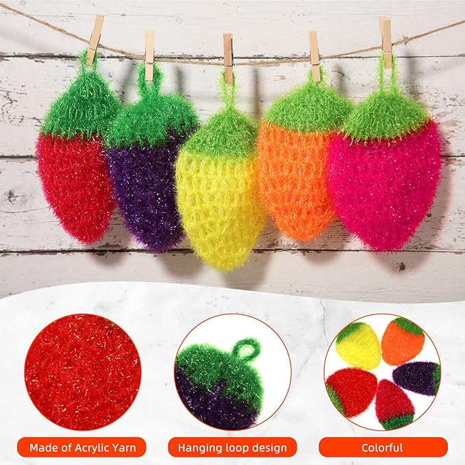 10 Pieces Strawberry Colorful Scrubber Cute Multiuse Dish Scrubber Non Scratch Dish Sponge Strawberry Kitchen Decor Washcloth for Scrubbing, Dishwashing, Scrubbers, Bathrooms, Floors (5 Colors)