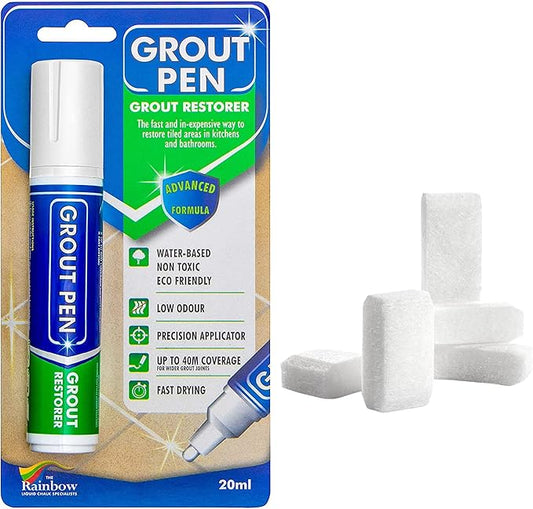 Grout Pen Tile Paint Marker: White Wide 15mm with 5 Pack Replacement Tips - Waterproof Grout Colorant and Sealer Pen to Renew, Repair, and Refresh Tile Grout - Cleaner Coating Stain Pens