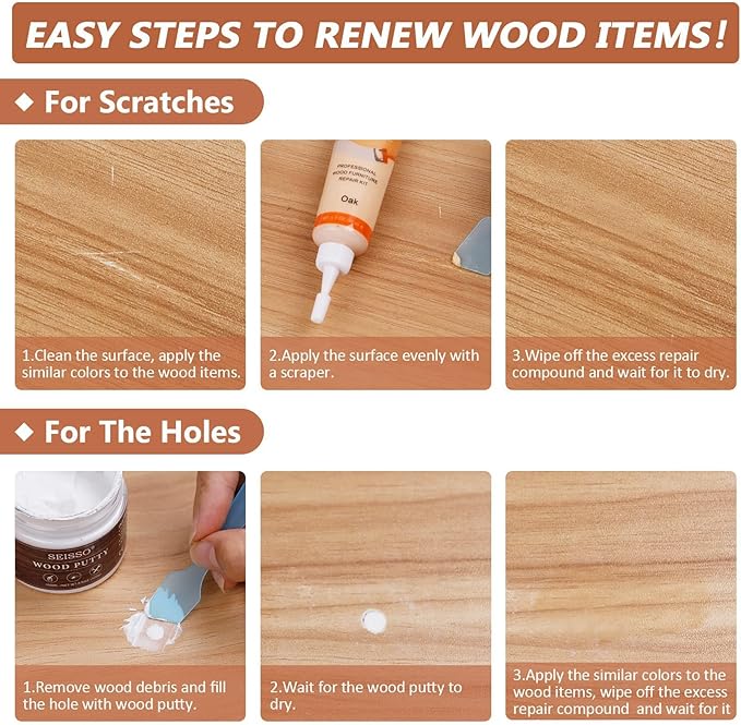 Natural Oak Wood Furniture Repair Kit, 6 Colors Wood Filler with Wood Putty, Wood Polish Wax for Holes, Scratches, Cracks, Stains, Restore Tables, Doors, Floors, Cabinet, Oak, Walnut - Set of 14