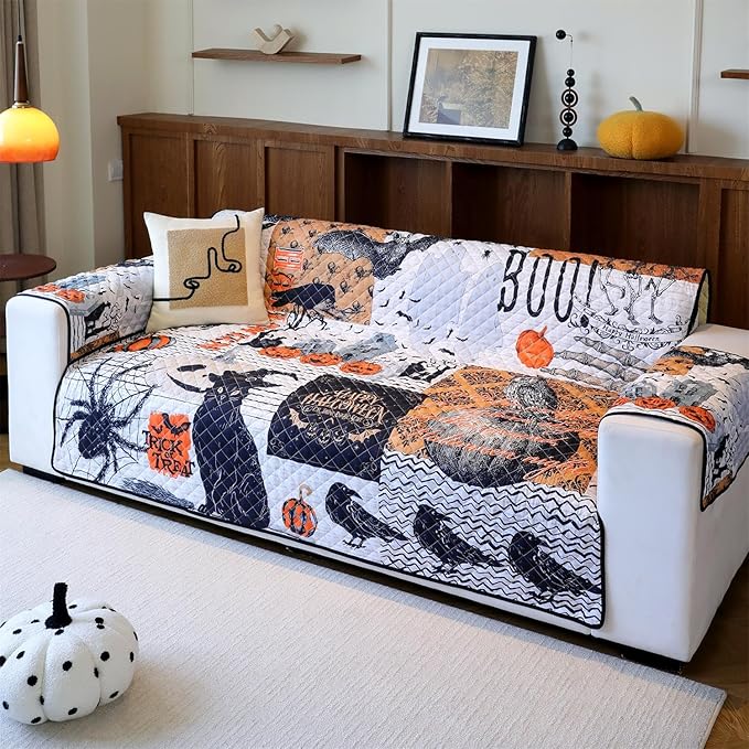 Cmfshape Halloween Skidproof Sofa Cover-Festival Sofa Slipcover with Elastic Straps-Easy Fit Slip Cover-Patchwork Washable Furniture Protector for Pets and Kids(Loveseat,Black&Orange)