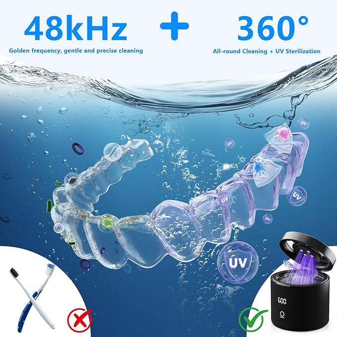 Ultrasonic Retainer Cleaner Machine, 2026 Upgraded Rechargeable 4000mAh Battery | 48kHz Ultrasonic Dental Cleaning Pod for Night Guard, Invisalign, Braces, Denture, Toothbrush and Jewelry - Black