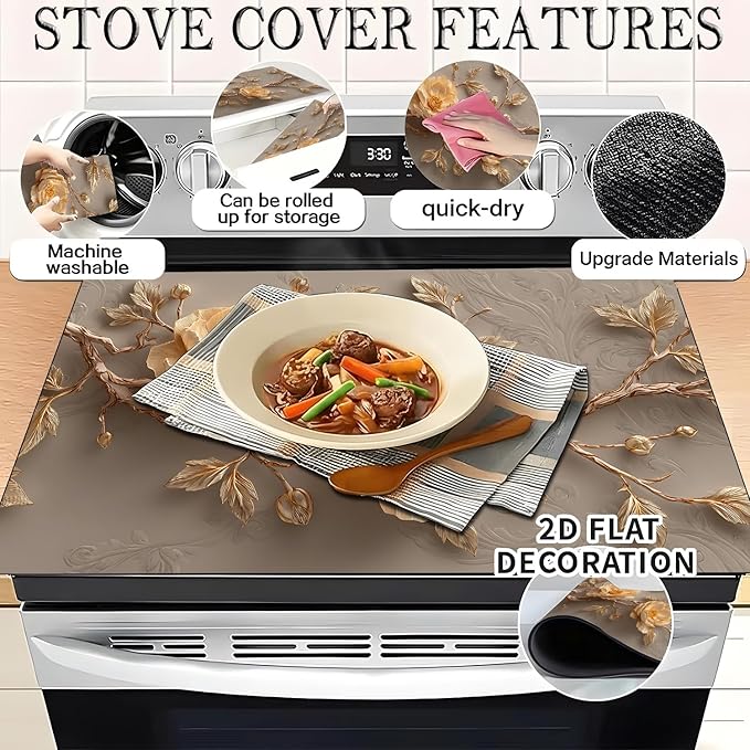 Stove Top Covers for Electric Stove, Oil-Resistant Stove Shield, Wipe-Clean Counter Protector, Multi-Purpose Appliance Pad, 28.3 x 20.5 Inches, Neutral Floral Decor（Peony flower2）