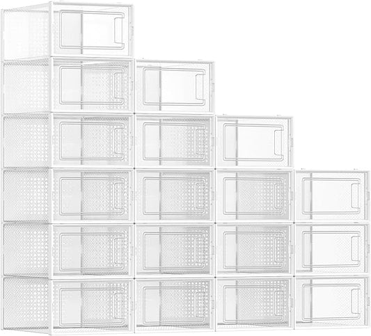SONGMICS Shoe Boxes, Pack of 18 Shoe Storage Organizers, Stackable Clear Plastic Boxes for Closet, Sneakers, 13.1 x 9.1 x 5.6 Inches, Transparent and White ULSP18SWT