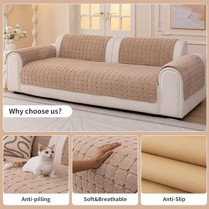 Velvet Sofa Covers Washable, Plush Warm Couch Cover for 2-3 Cushion Sofa, Funny Fuzzy Couch Covers for Pets&Kids, Non-Slip Sectional Sofa Cover(1PC, Khaki, 35.4"×70.9", 3 Cushions Sofa)