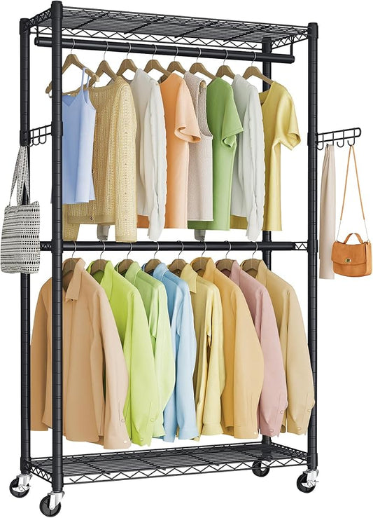 SONGMICS Heavy-Duty Rolling Clothes Rack, Garment Rack, Portable Closet on Wheels, with Adjustable Mesh Shelves and Hanging Rails, Hooks, 15.8 x 35.4 x 78.3 Inches, Ink Black ULGR416BH01