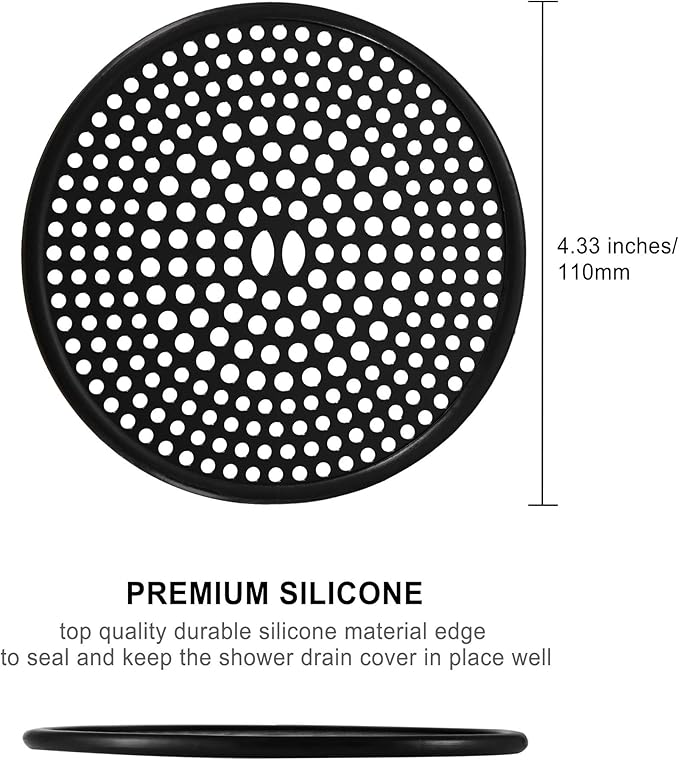 304 Stainless Steel Hair Catcher Shower Drain Cover with Silicone, Shower Stall Drain Strainer, Bathtub Hair Stopper, Bathroom Hair Trap Floor Drain Protector, Matte Black 4.33 Inches Round Flat