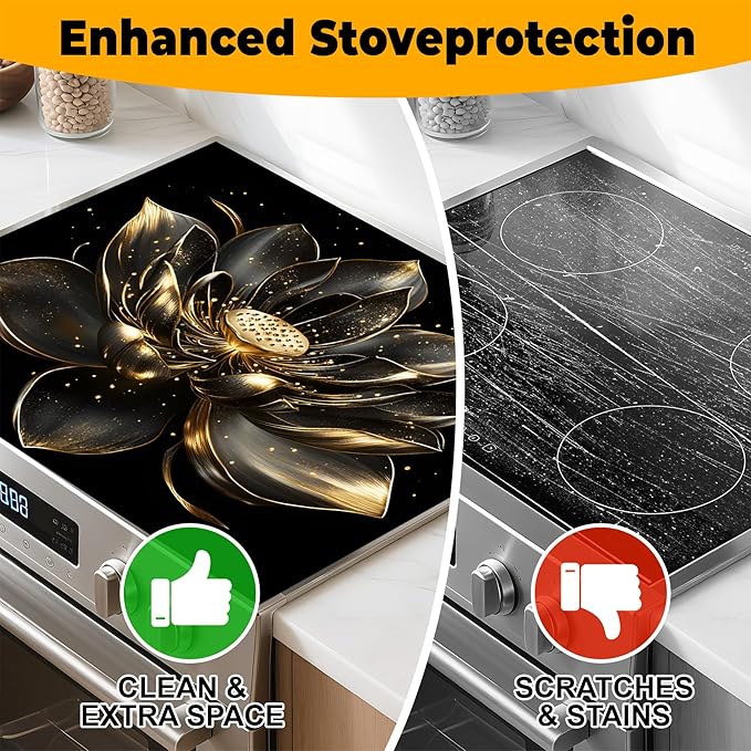 Stove Top Cover Flower Gas Stove Top Cover for Home Decoration Kitchen Pad Non-Stick Washable Cooktop Covers Countertop Protector Keep Stove Clean (Lotus, 28L"x20W")